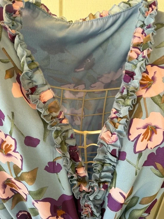 Floral V-Neck Long Sleeve Maxi Dress - Blue with Pink & Purple Flowers XXL - Picture 4 of 9